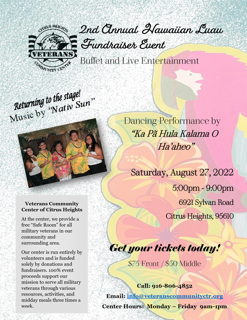 2nd Annual Hawaiian Luau Fundraiser Event Flyer, Veterans Community Center, Citrus Heights, CA