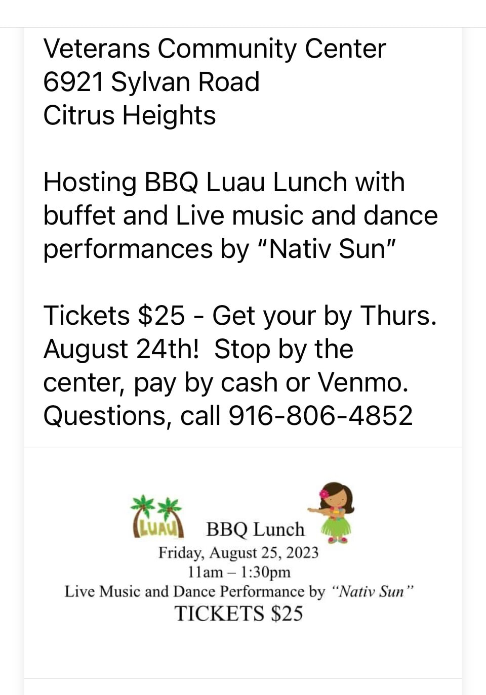 2023 Luau Lunch Flyer for Veterans Community Center, Citrus Heights, CA