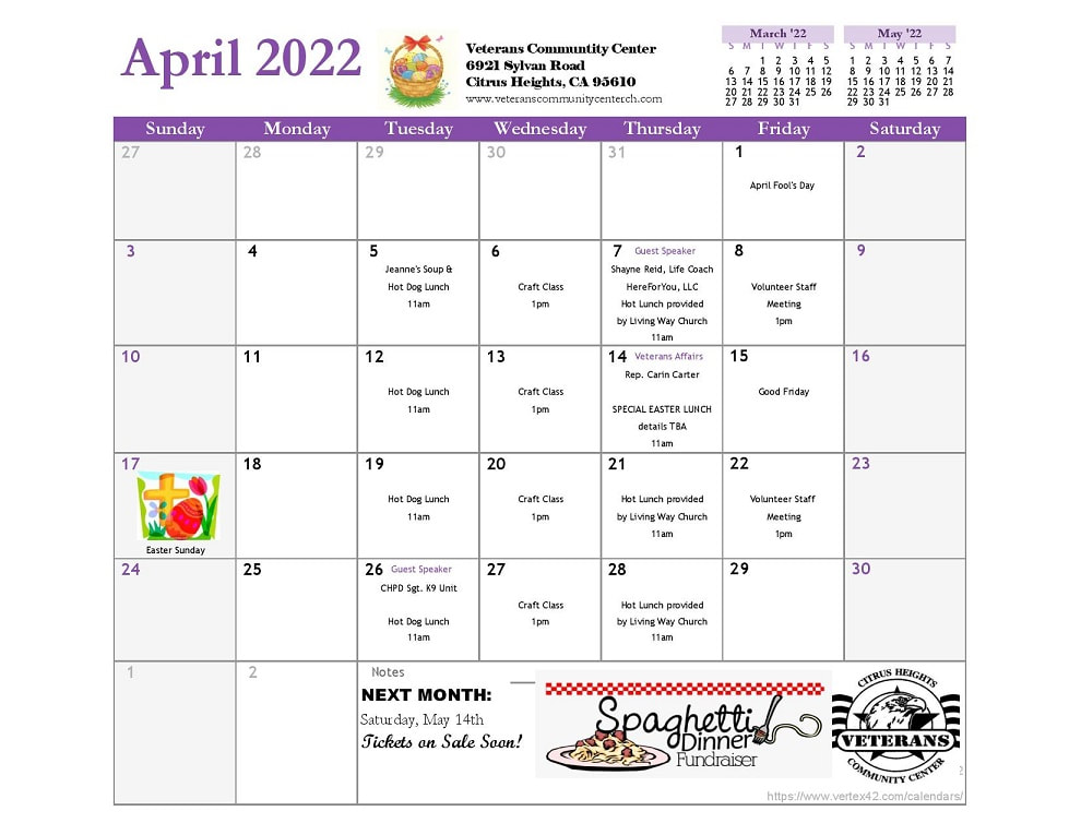 April 2022 Calendar of Events for Veterans Community Center, Citrus Heights, CA