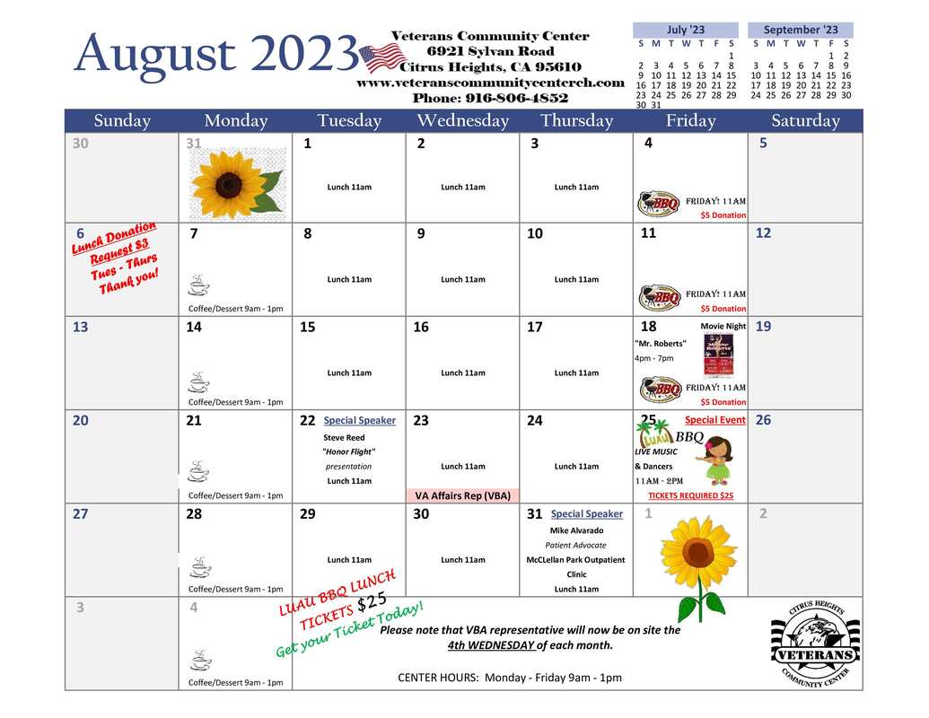 August 2023 Calendar of Events for Veterans Community Center, Citrus Heights, CA
