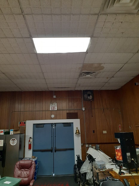 Before photo of ceiling in Veterans Community Center of Citrus Heights (CA), stained, sagging