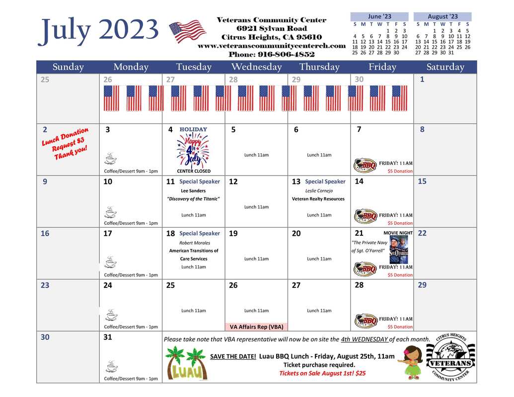 July 2023 Calendar of Events for Veterans Community Center, Citrus Heights, CA