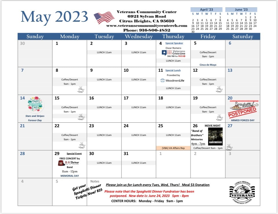May 2023 Calendar of Events for Veterans Community Center, Citrus Heights, CA