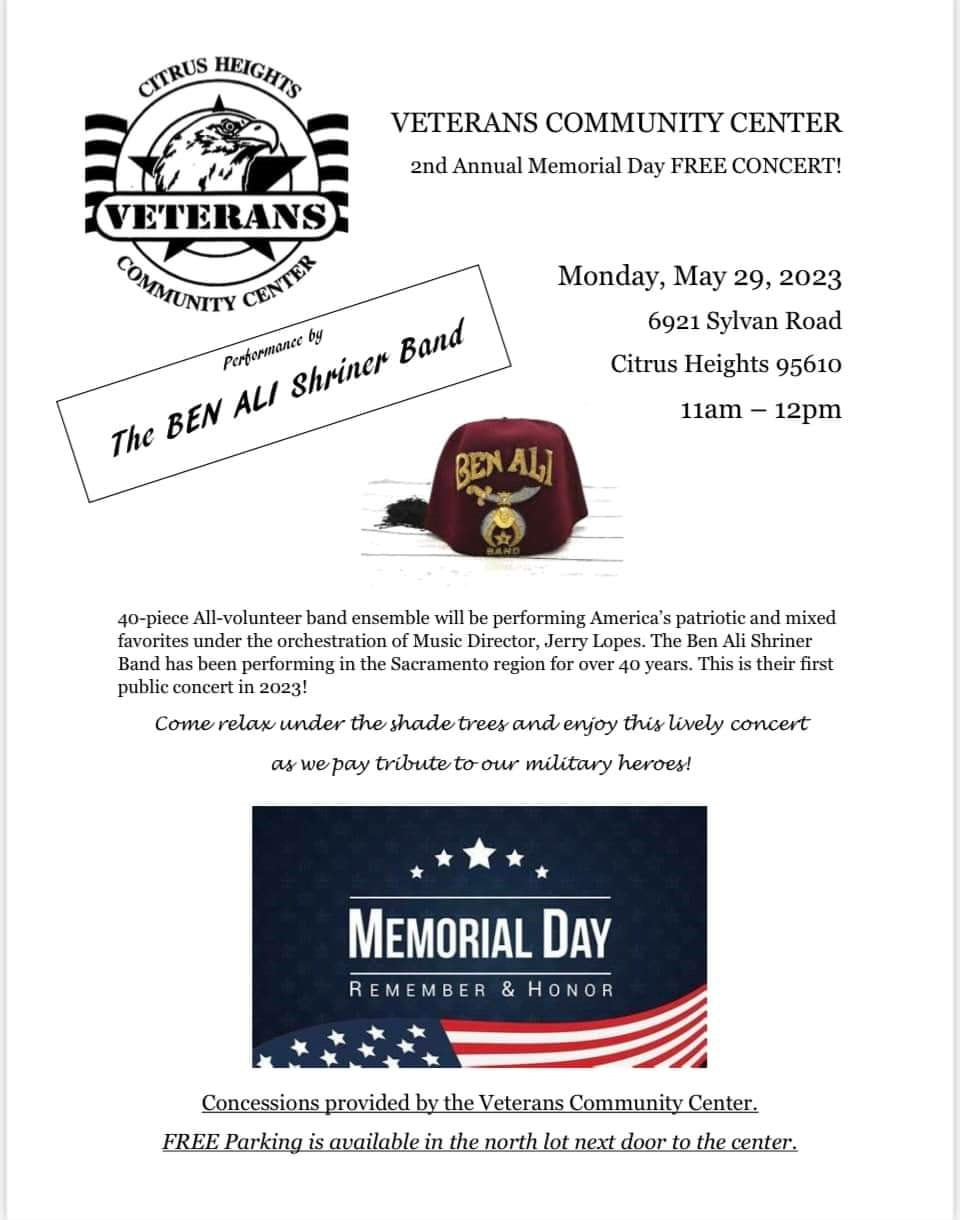 2nd Annual Memorial Day Free Concert, Veterans Community Center, Citrus Heights, CA