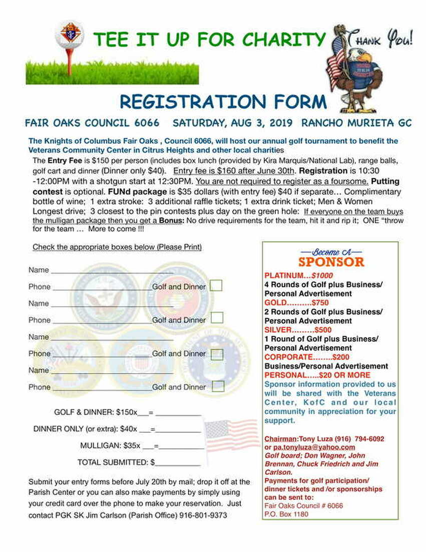 Knights of Columbus Tee it Up for Charity Golf Fundraiser Flyer, page 2, registration form