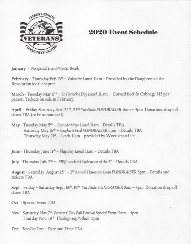 2020 Event Schedule for Veterans Community Center of Citrus Heights, Citrus Heights, CA