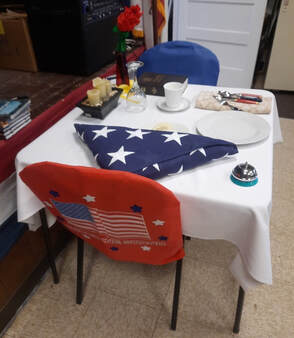 Missing Man Table, left side view, set for Doug Ellington and Gene Cornthwaite at Veterans Community Center of Citrus Heights