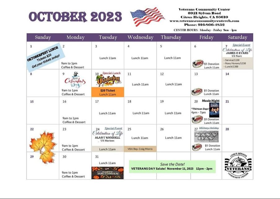 October 2023 Calendar of Events for Veterans Community Center, Citrus Heights, CA
