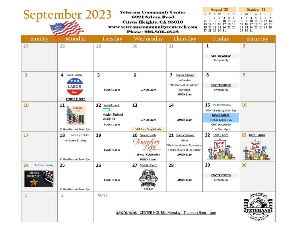 September 2023 Calendar of Events, Veterans Community Center, Citrus Heights, CA