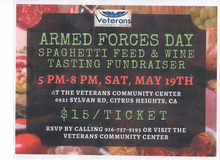 Spaghetti Feed and Wine Tasting Event Flyer, Armed Forces Day May 19, 2018